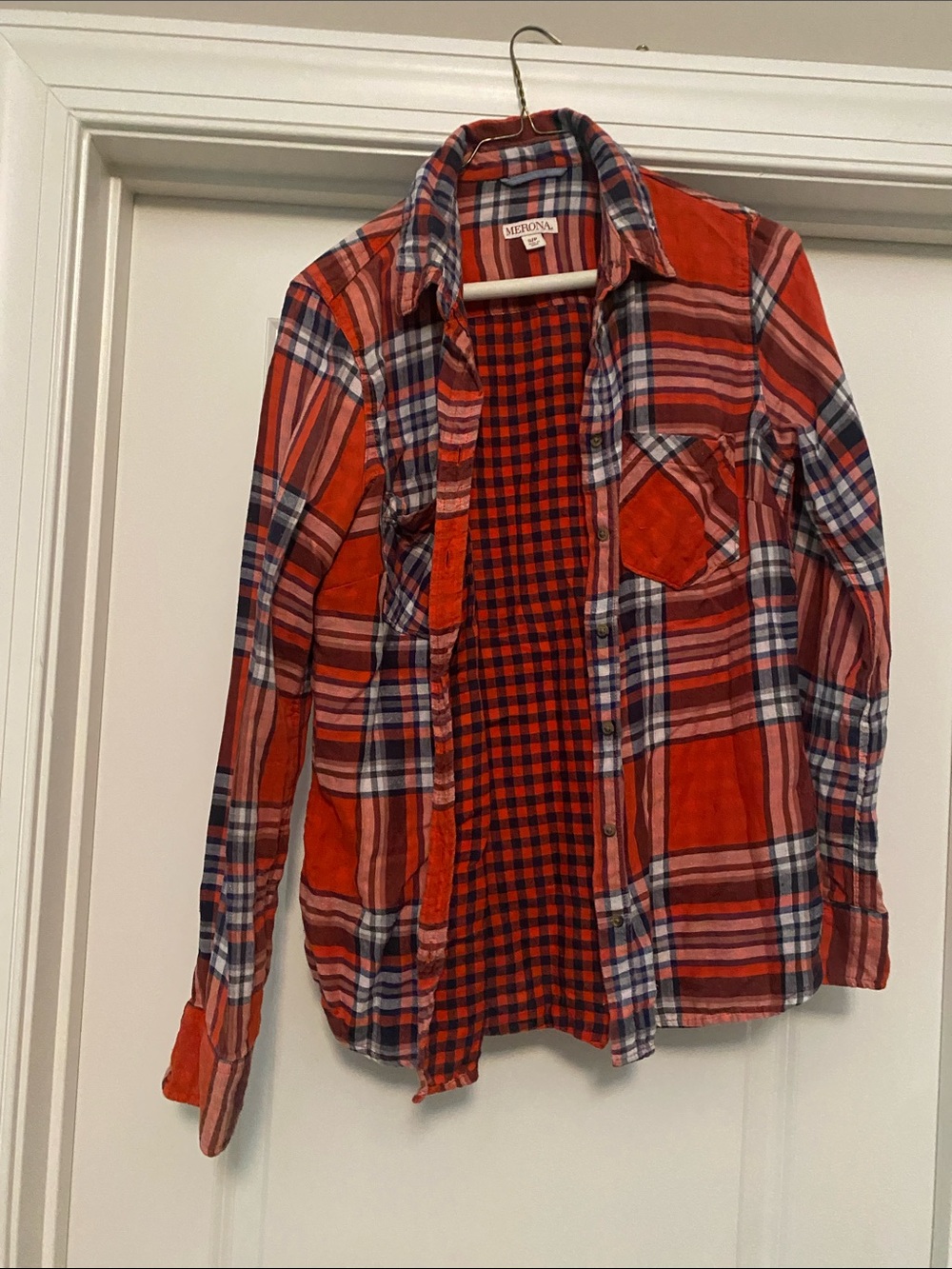 Merona orange and Navy Plaid Button-Down Shirt size small